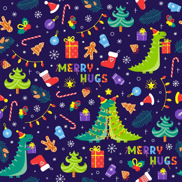 Noel dinozorları birbirlerine hediyeler taşır ve sarılırlar. Tekstil ve ambalaj kağıtları için kusursuz bir Noel deseni..