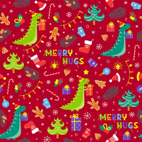Рождественские динозавры носят подарки друг другу и обнимаются. Симпатичный бесшовный рождественский узор для текстиля и оберточной бумаги. Лицензионные Стоковые Иллюстрации