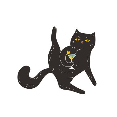 Kara kedi pençesi havada bir martini içer. Şirin vektör çizimi. Şirin kedisi olan parlak, eğlenceli bir baskı bir tişört, kapüşon ve diğer kıyafetler için harika bir baskıdır..