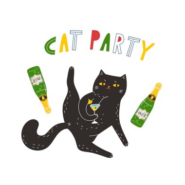 Kara kedi pençesi havada bir martini içer. Şirin vektör çizimi. Şirin kedisi olan parlak, eğlenceli bir baskı bir tişört, kapüşon ve diğer kıyafetler için harika bir baskıdır..
