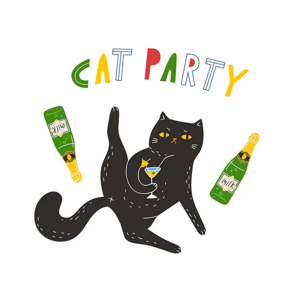 Kara kedi pençesi havada bir martini içer. Şirin vektör çizimi. Şirin kedisi olan parlak, eğlenceli bir baskı bir tişört, kapüşon ve diğer kıyafetler için harika bir baskıdır..