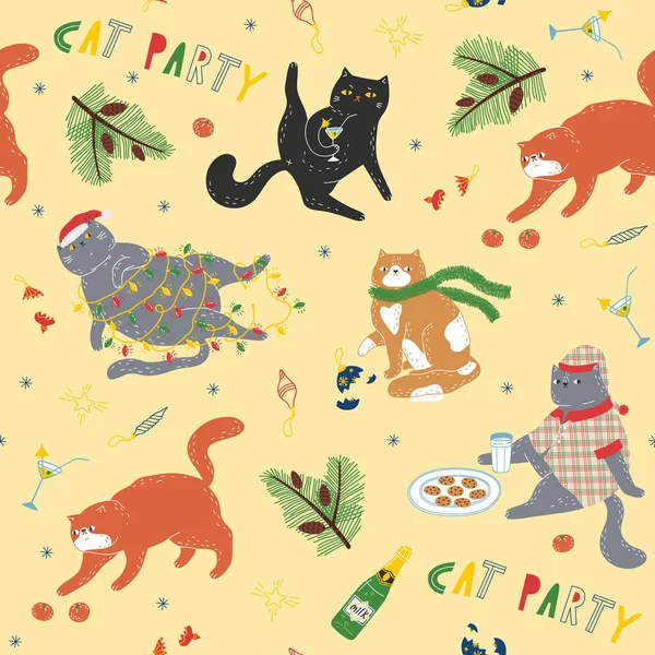 Симпатичный Яркий Рождественский Узор Милыми Смешными Кошками Кошачьей Вечеринке Симпатичный Векторная Графика