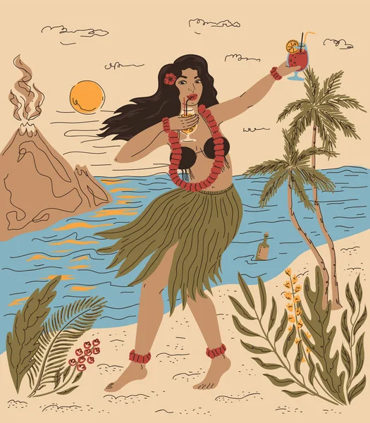 Hermosa chica hawaiana bailando baile hula en el fondo del paisaje hawaiano — Archivo Imágenes Vectoriales