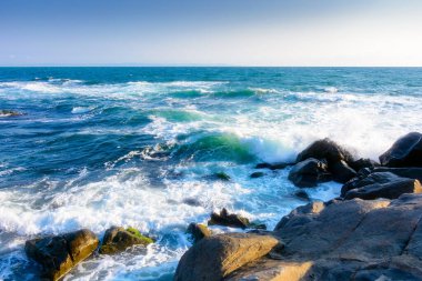 rocks at the black sea shore in summer. waves crashing coast of bulgaria on a sunny morning. cloudless blue sky. travel background at the seaside