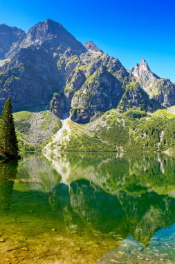landscape with lake in mountains. scenic nature of poland with rocky peaks in summer. high tatras are wonderful place for travel in eastern europe