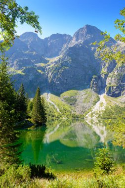 landscape with lake in mountains. scenic nature of poland with rocky peaks in summer. high tatras are wonderful place for travel in eastern europe