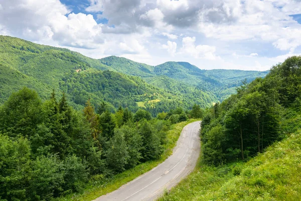 Yazın dağ manzarası boyunca yol. Yukarıdan manzara. Bulutlu gökyüzünün altında, benekli ışıkta yeşil doğa manzarası. Ormanların arasında kıvrılan güzel vadi