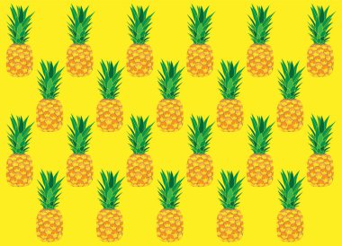 Parlak sarı bir zemin üzerinde stilize edilmiş ananaslar içeren kusursuz desenler, neşeli ve ferahlatıcı bir yaz havası uyandırıyor, tropikal temalı tasarımlar ve arka planlar için ideal.