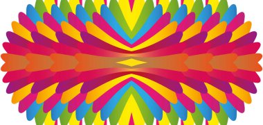 Beyaz bir zeminde simetrik, kaleydoskopik bir şekilde düzenlenmiş sayısız renkli taç yaprağına benzer şekiller içeren soyut desen canlı ve şenlikli bir görsel efekt yaratıyor..