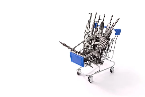 Rifles on a shopping cart isolated on white background with clipping path, (Weapon shopping, Arms trade, Public and School shooting, Concept)