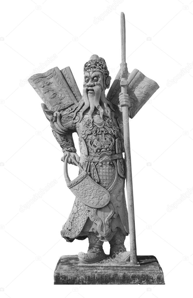 Chinese warrior stone sculpture at Wat Pho, Chinese Figures decorating in courtyards made by Chinese craftsman and imported to Thailand during Chinese-Thai junk trade between 1824-1851. Clipping path