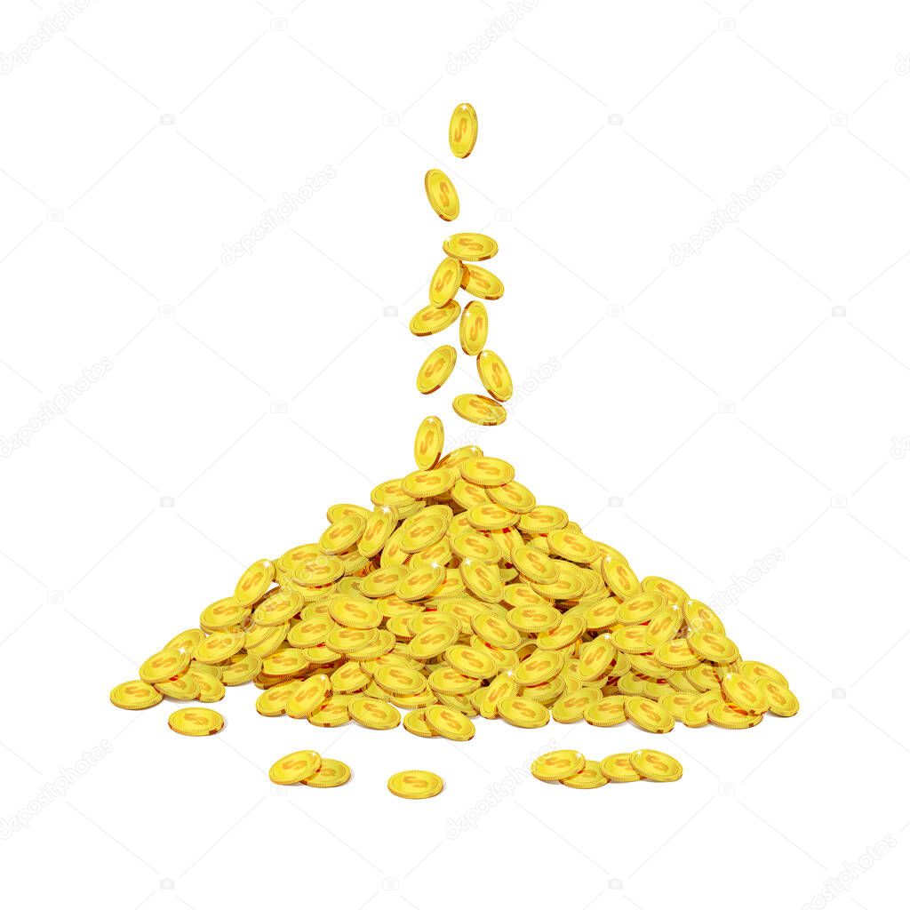 Pile of gold coins isolated white background