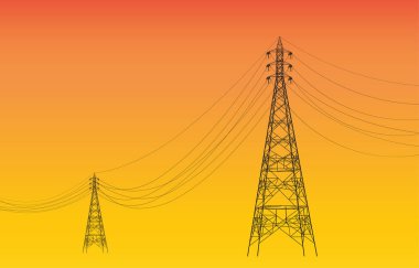 Gün batımında elektrik direklerinin silueti. Teknoloji geçmişi