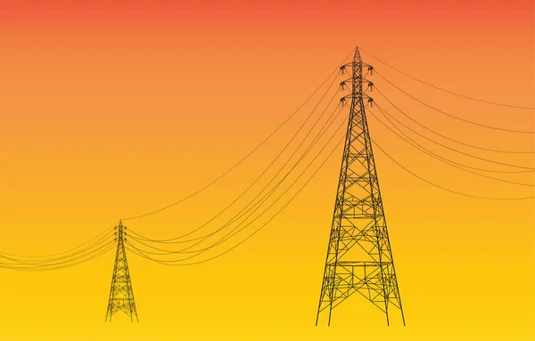 Silhouet Van Elektriciteitsmasten Bij Zonsondergang Technologische Achtergrond — Stockvector