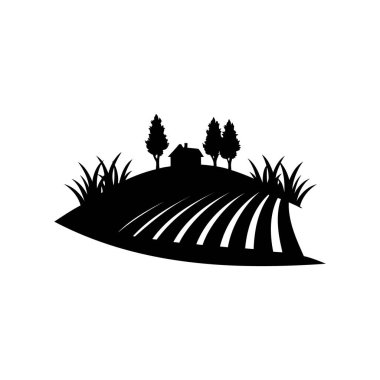 Çiftlik ve ev içeren kırsal bir arazinin minimalist siyah silueti. Ekin silueti çizimi olan bir alan.