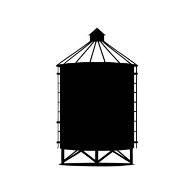 Beyaz arka planda destekleyici yapıları olan eski bir su kulesinin silueti, tahıl silosu vektör çizimi