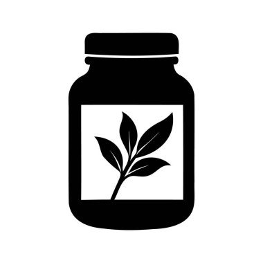 Beyaz kare etiketli siyah bir şişe resmi, bitkisel takviye kavanozu silüet vektör çizimi