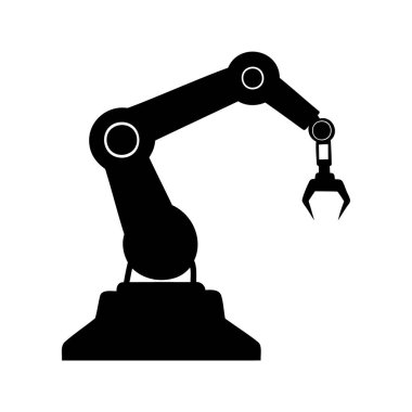 Endüstriyel otomasyon konsepti ile siyah beyaz robotik kol çizimi, endüstriyel robot kolu silüet vektör çizimi