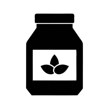 Bitki temelli ya da doğal içerik illüstrasyon sembollü ikonik kavanoz, multivitamin kutusu silüet vektör çizimi