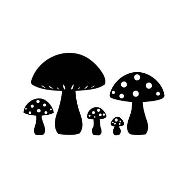 Farklı boyutlarda ve kalıplarda bir grup mantarın tek renkli çizimi, mantar ailesi siluet vektör çizimi
