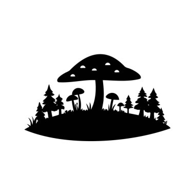 Mantarların tek renkli Woodland Silueti ve doğa aşıkları için kozalaklı ağaçlar, mantar ormanı sahnesi siluet vektör çizimi