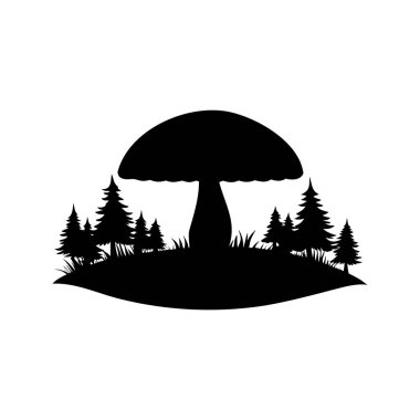 Her yer yeşil ağaçlar ve çimlerle çevrili bir mantarın siyah siluet çizimi, mantar orman sahnesi siluet çizimi