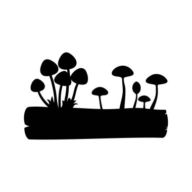 Siyah mantar silueti bir kütük üzerinde büyüyor, beyaz arka planda izole edilmiş, mantar büyüyen logaritma siluet vektör çizimi