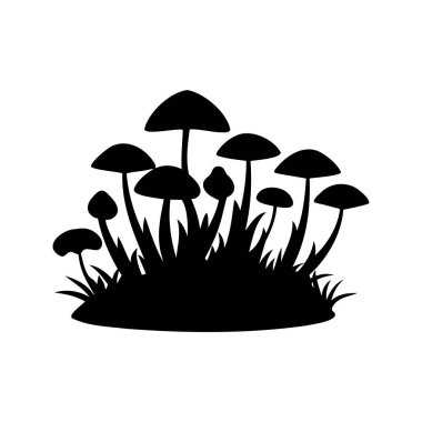 Çimenlerin arasında büyüyen mantar silueti, karanlık bir fantezi ormanlık sahnesi, yosun silueti çiziminde büyüyen mantar.
