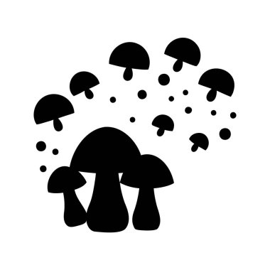 Tek renkli mantar kümesi ve spor dağılımı, beyaz arka planda minimalist tasarım, siluet vektör çizimi dağıtan mantar sporları