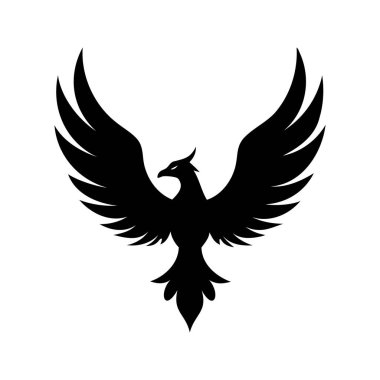 Geniş Kanatlı Siyah Anka Kuşu, Yeniden Doğuş ve Gücü Sembolize eden Anka Kuşu kanatları yükselen siluet vektör çizimi