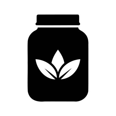 Beyaz arka planda üç yapraklı siyah bitkisel destek şişesi ikonu, bitki bazlı protein kavanozu silueti vektör çizimi