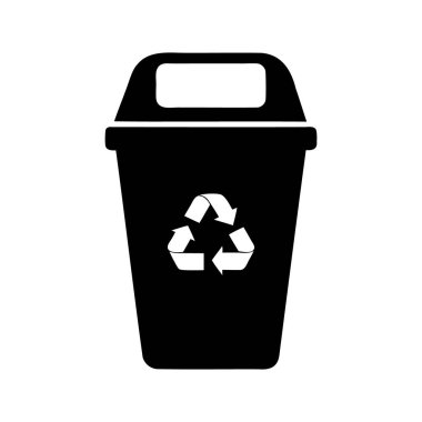 Pürüzsüz, siyah, minimalist bir çöp tenekesi simgesi, beyaz arkaplan, umumi çöp tenekesi vektör ilüstrasyonuna karşı