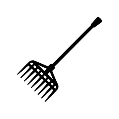 Sade beyaz arkaplan görüntüsü üzerinde bir bahçe tırmığının siyah silueti, siluet vektör çizimi