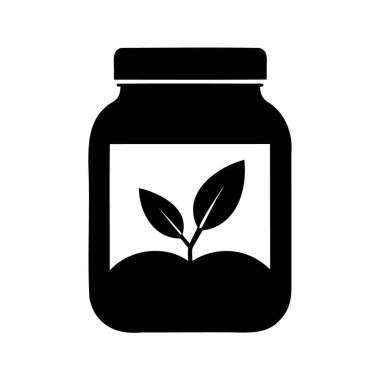 Kavanozun içinde büyüyen bir bitkinin simgesi kare çerçeveli, bitki temelli protein kavanozu silueti çizimi