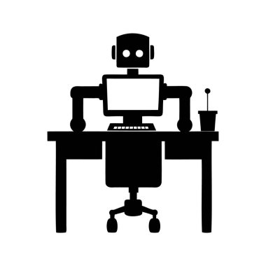 Masada klavyeyle yazan ve ekranı izleyen robot, robot programlama istasyonu siluet çizimi