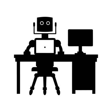 Masada oturan bir robotun silueti bir bilgisayar üzerinde çalışıyor, robot programlama istasyonu silüet vektör çizimi