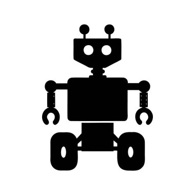 Bir Retro Style Robot Karakteri 'nin basit bir Kara Silueti. Tekerlek silueti çizimi olan bir robot.