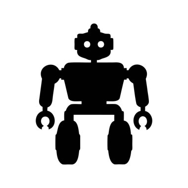 Parlak siyah robot, geçmişe dönük fütüristik tasarım estetiği ve tekerlek silueti çizimi olan bir robot ile dimdik ayakta duruyor.