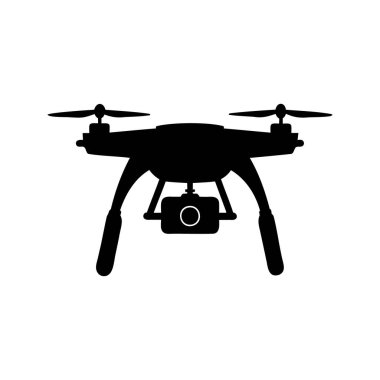 Vücudunun altına kamera iliştirilmiş modern bir dronun siyah silueti. Robot teftiş dron vektör çizimi.