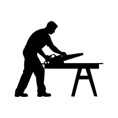 Tahta bir yüzey üzerinde tahta testereyle tahta siluet çizimi yapan bir adamın silüeti.