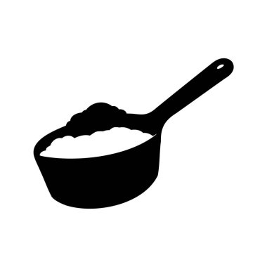 Kuru malzemelerle dolu bir ölçü kabının siyah siluet çizimi, bir kepçe protein siluet vektör çizimi