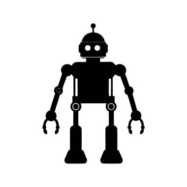 Beyaz arka planda duran, akıllı imalatçı robot silueti çizimi yapan basit bir siyah robot.
