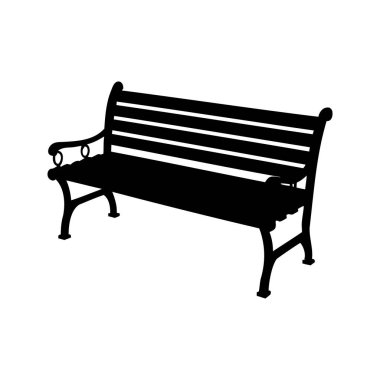 Açık hava bankının siyah silueti sırtı ve kollukları kıvrımlı, sokak bankı silüeti vektör çizimi