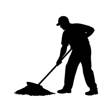 Süpürgeyle enkazı temizleyen ya da hareket ettiren bir adamın silüeti, talaş silueti çizimi