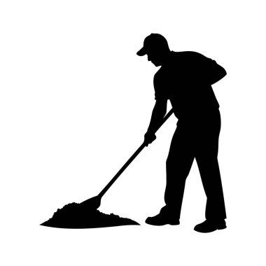 Uzun saplı bir kürekle toprak ya da çakıl temizleyen bir adamın silueti siluet vektör çizimi