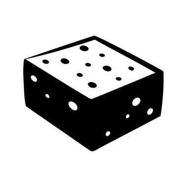 Gözenekli küpün üç kenarı değişken büyüklükte deliklerle tek renkli çizimi, tofu bloğu siluet vektör çizimi