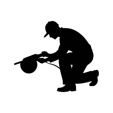 Yörünge zımpara makinesi kullanan bir işçinin silüeti. Büyük bir odaklanma ve hassasiyetle, açı öğütücü silüet çizimi kullanarak.