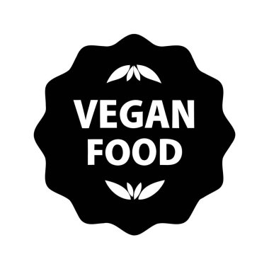 Minimalist yaprak tasarımı ve siyah arkaplanı olan şık, dairesel vegan gıda etiketi silüeti çizimi