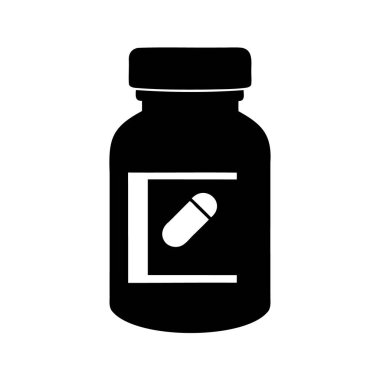 Kapsül etiketli bir hap şişesinin basit siyah beyaz vektör çizimi, vitamin şişesi silüet vektör çizimi