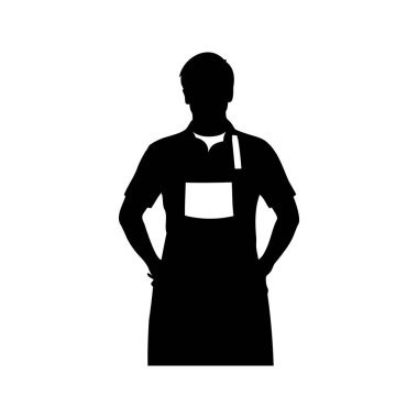 Önlük giyen, kendinden emin poz veren, atölye önlüğü önlüğü silueti çizimi takan bir kişinin silueti.